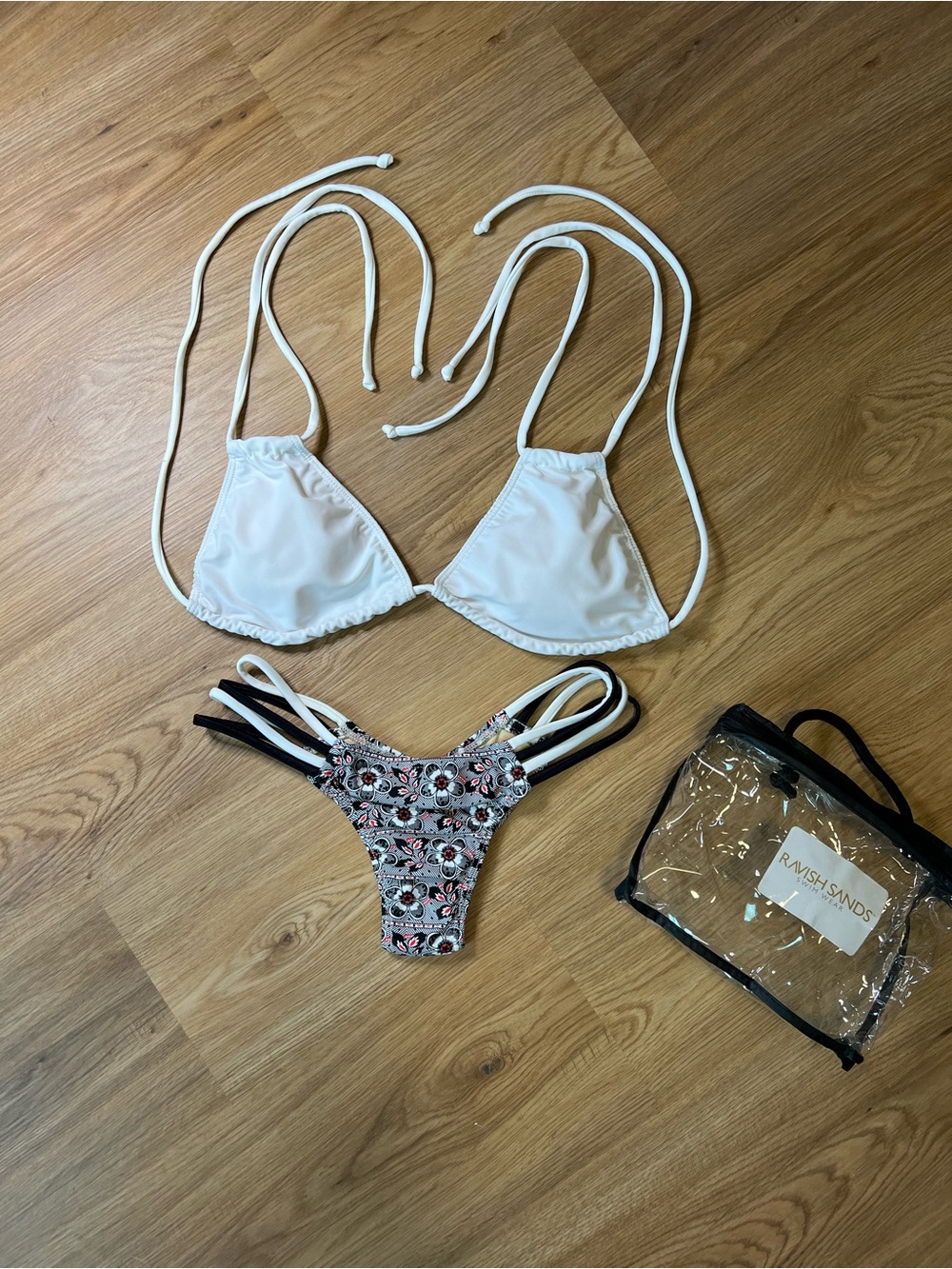 White Triangle Bikini Top & Floral Strappy Bottom Set
